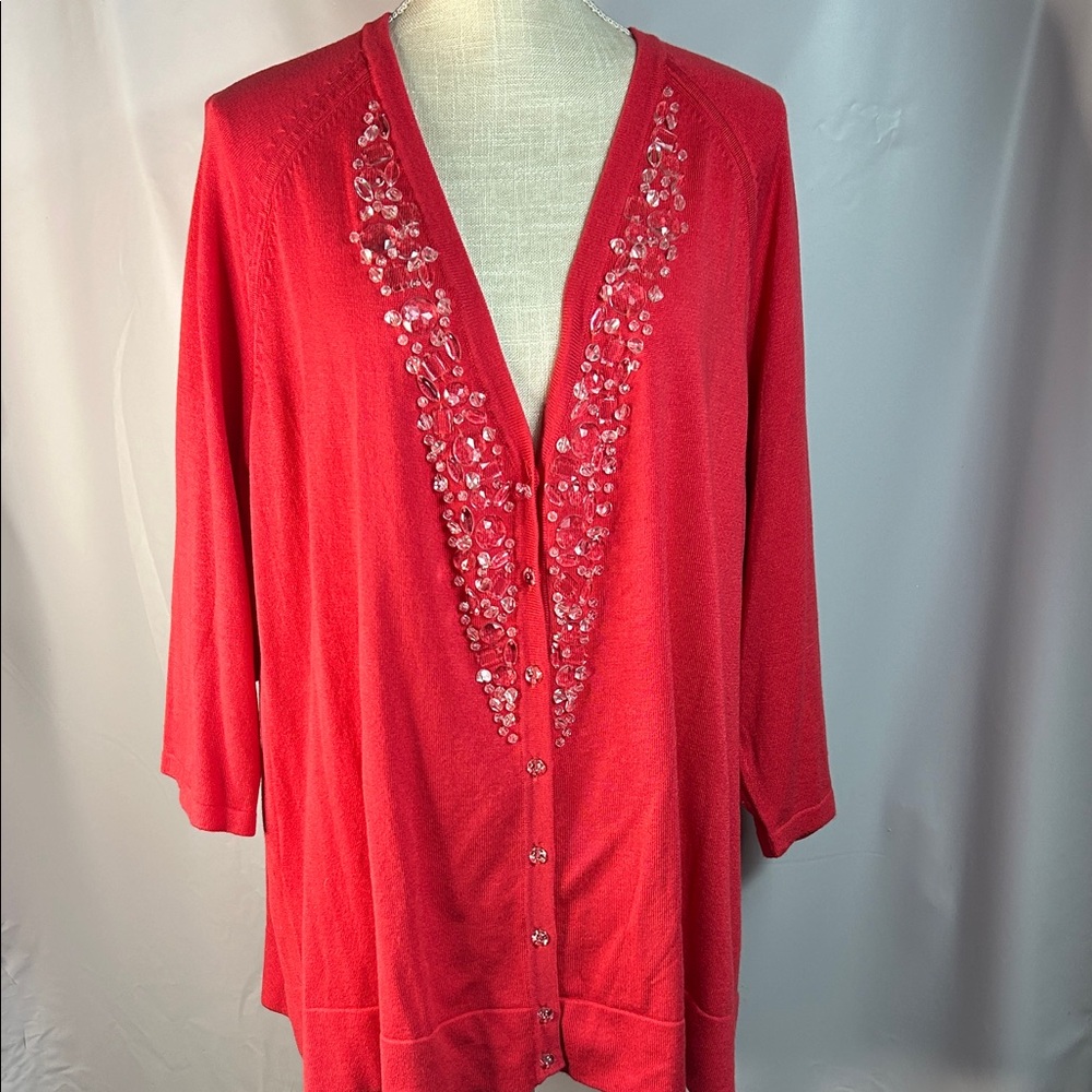 Susan Graver Coral Embellished V Neck Cardigan size 3X